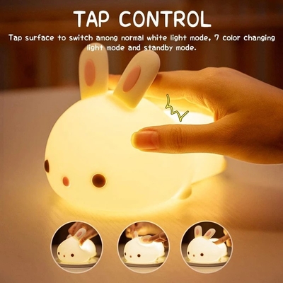 Soft Silicone Rabbit Kids Nursery Bedside Nightlight Lamp Gifts Touch Sense RGB LED Bunny Night Light