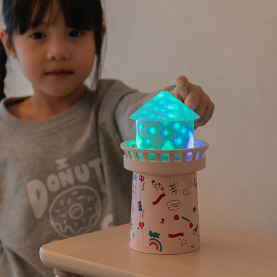2022 Creative Gift 360 degree Rotating Watchtower Projection lamp 1500mAh Rechargeable sleeping Night Light Music Box Fo