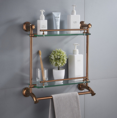 Stainless Steel Glass Shelf 2 Tier Chrome Shelf with Towel Bars Organizer Wall Mount Shower Storage Gold Finish