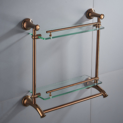 Stainless Steel Glass Shelf 2 Tier Chrome Shelf with Towel Bars Organizer Wall Mount Shower Storage Gold Finish