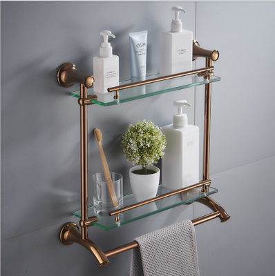 Stainless Steel Glass Shelf 2 Tier Chrome Shelf with Towel Bars Organizer Wall Mount Shower Storage Gold Finish