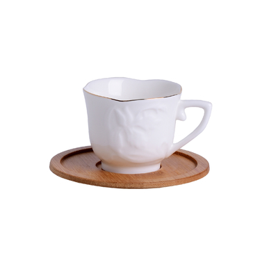 Embossed Porcelain Cup Set White Turkish Espresso Coffee Cups With Bamboo Saucers