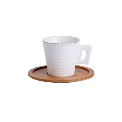 Embossed Porcelain Cup Set White Turkish Espresso Coffee Cups With Bamboo Saucers