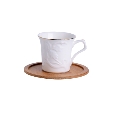 Embossed Porcelain Cup Set White Turkish Espresso Coffee Cups With Bamboo Saucers