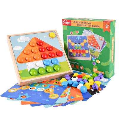 Children Wood Baby Developmental Toys Particle Button Puzzle Mushroom Nail Cartoon