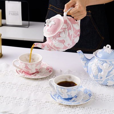 Embossed Angle Tea Cup Set Fashion Coffee Cups INS Style Pink White Blue Ceramic