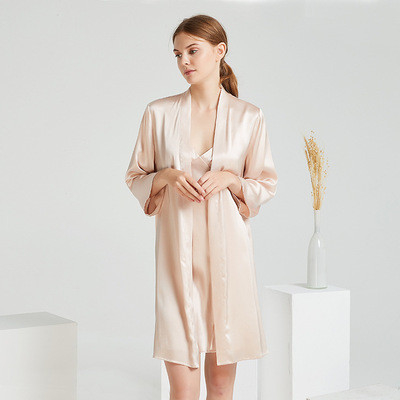 Women'S Nightwear Knitted Silk Pajamas Long Sleeve Lightweight Silk Fabric Two Pieces