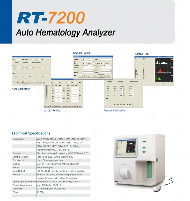 Rt-7200 Rayto Hematology Analyzer Cbc Blood Test Machine Hematology Analyzer